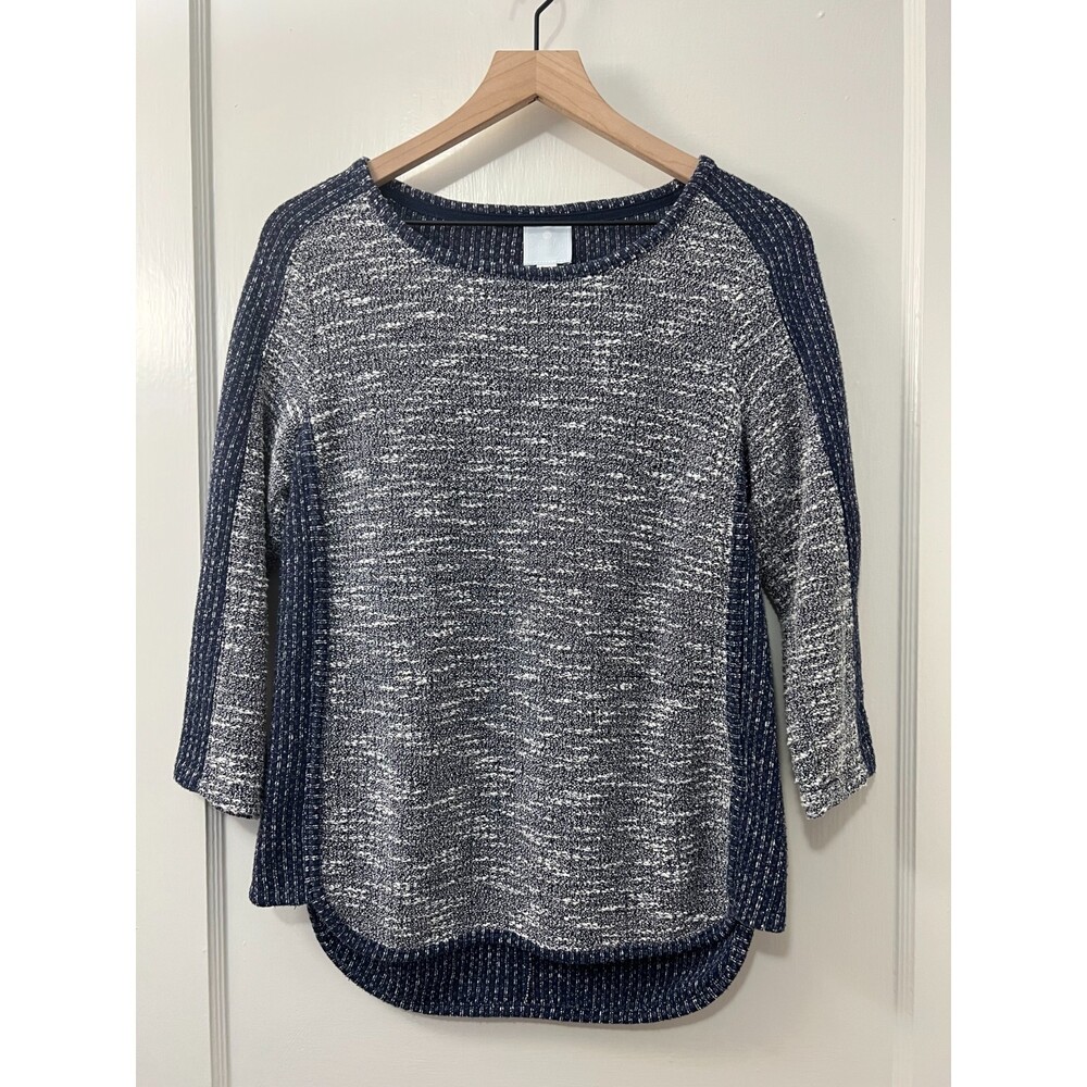 Sunday Women's Navy Blue White Textured 3/4 Sleeve Pullover Top Size S Small